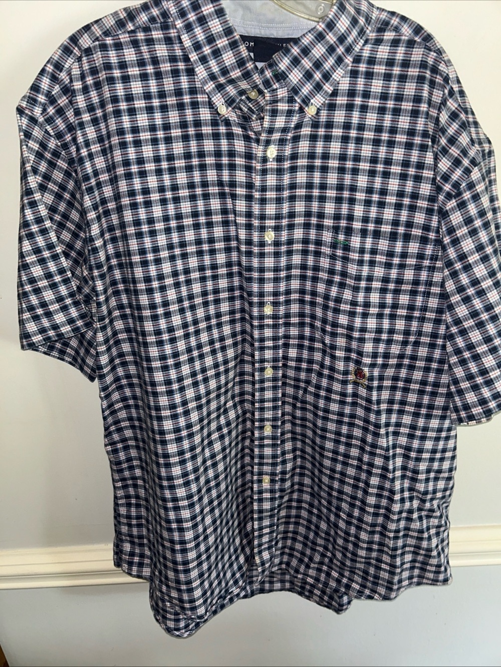 Tommy Hilfiger Navy, White & Red Plaid Short-Sleeve Button-Down Shirt
